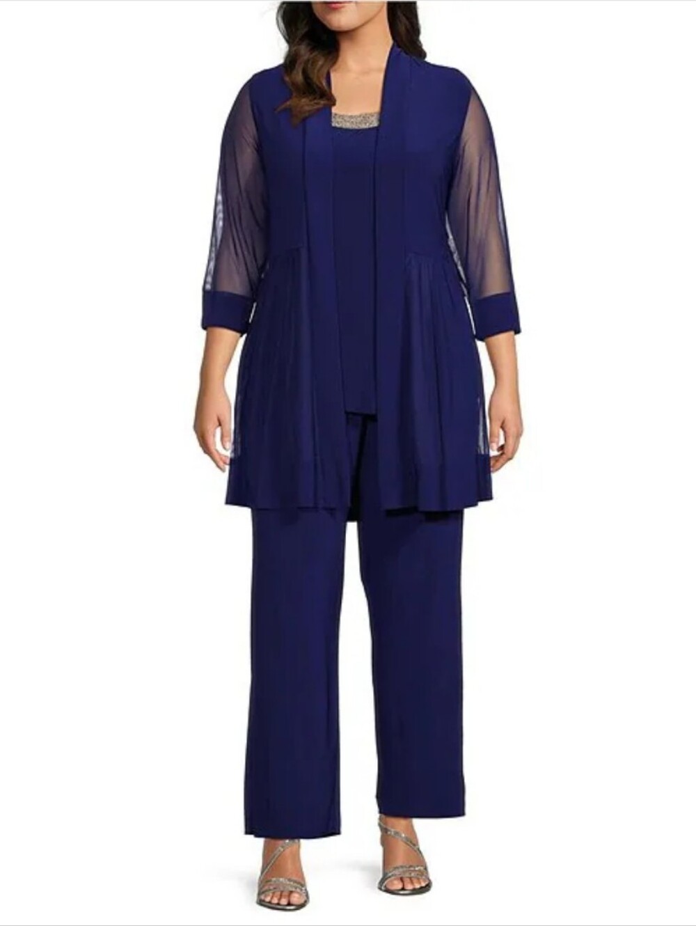 R & M Richards Plus Size Scoop Neck 3/4 Sleeve Beaded Top Sheer Knit Pants New